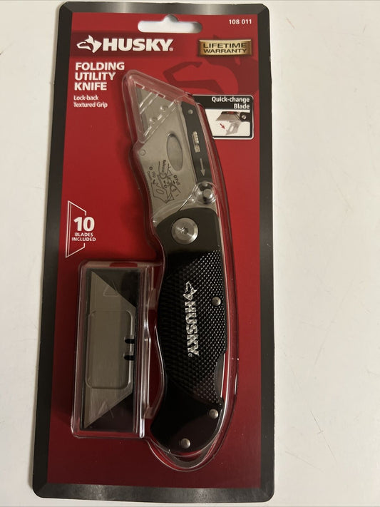 Husky Folding Utility Knife Lock Back Textured Grip # 108011, 10 Blades